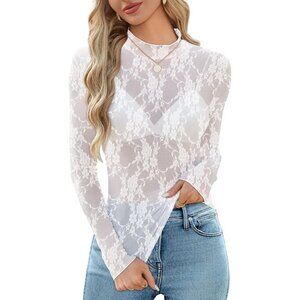 Women White Long Sleeve Mesh Top See Through Mock Neck Sheer Blouses